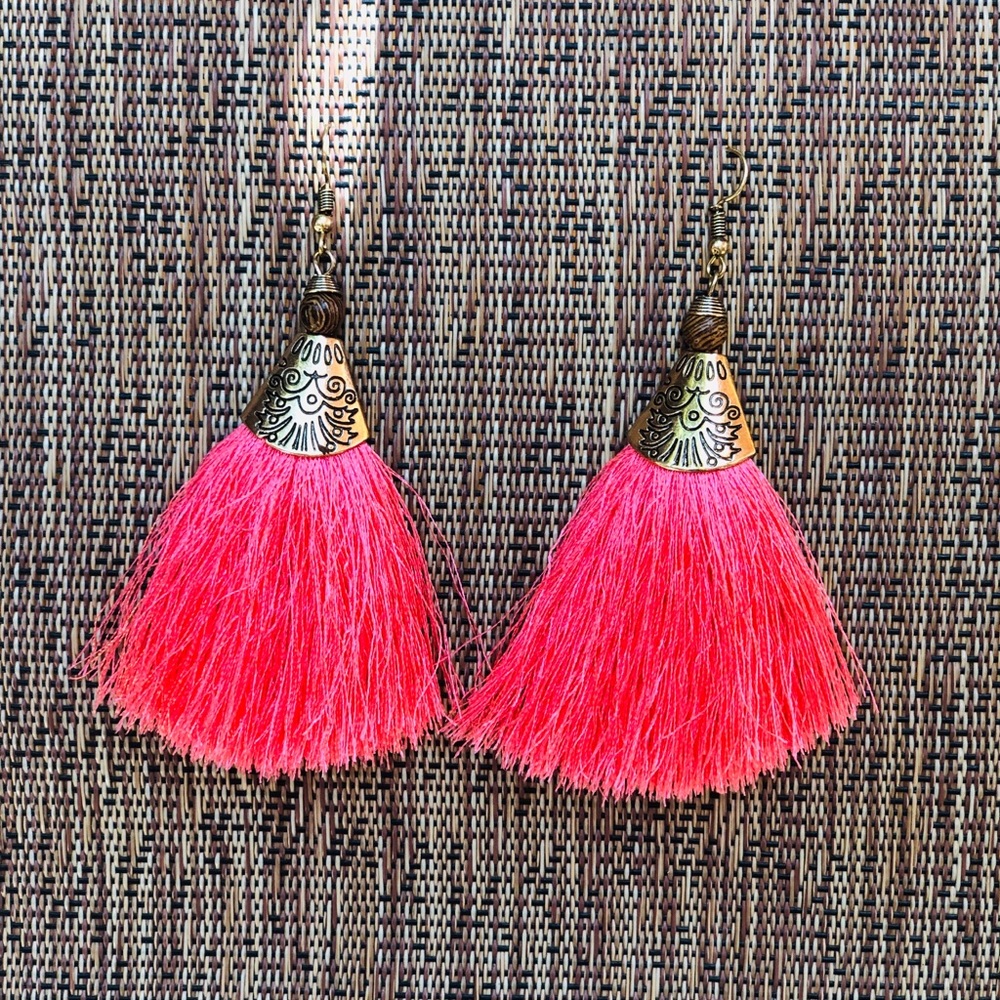 Coral boho tassel earrings